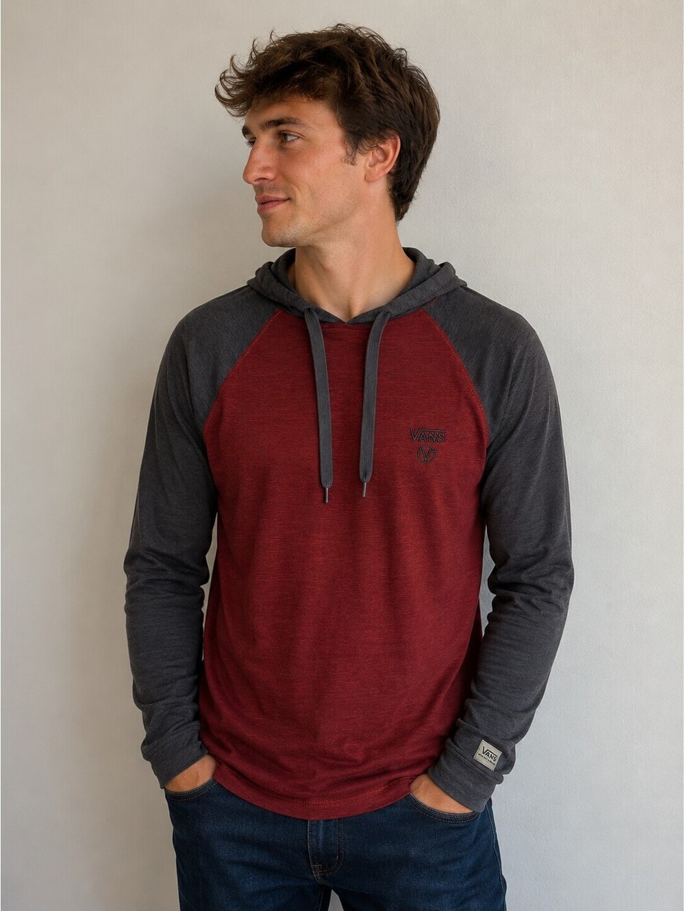 Vans - Red & Charcoal Raglan Long Sleeve Hooded Shirt - Men’s S